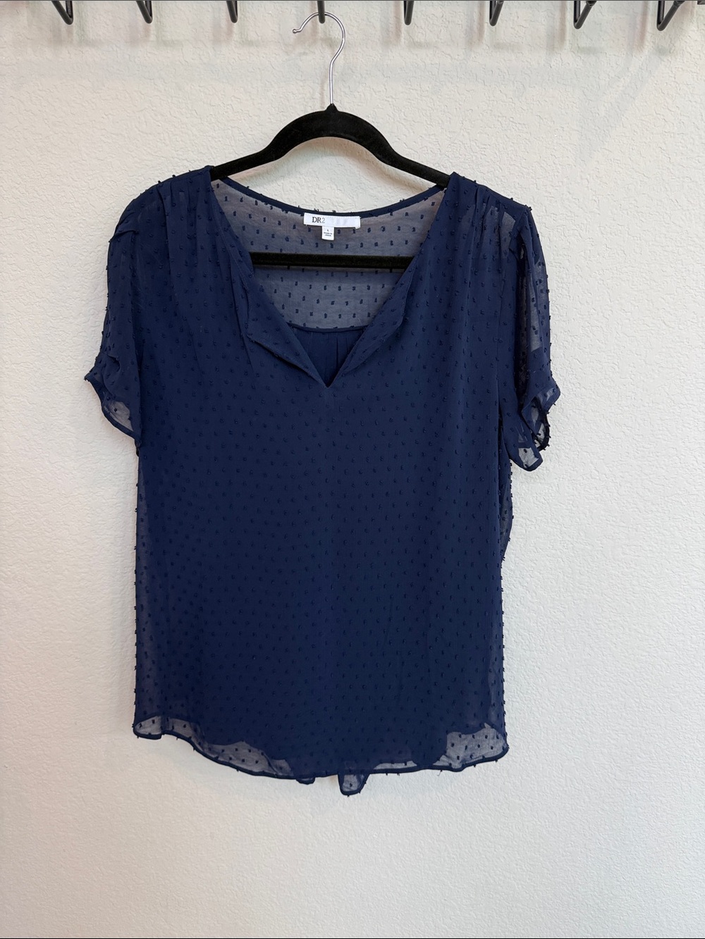 DR2 Navy Sheer Swiss Dot Short Sleeve Blouse